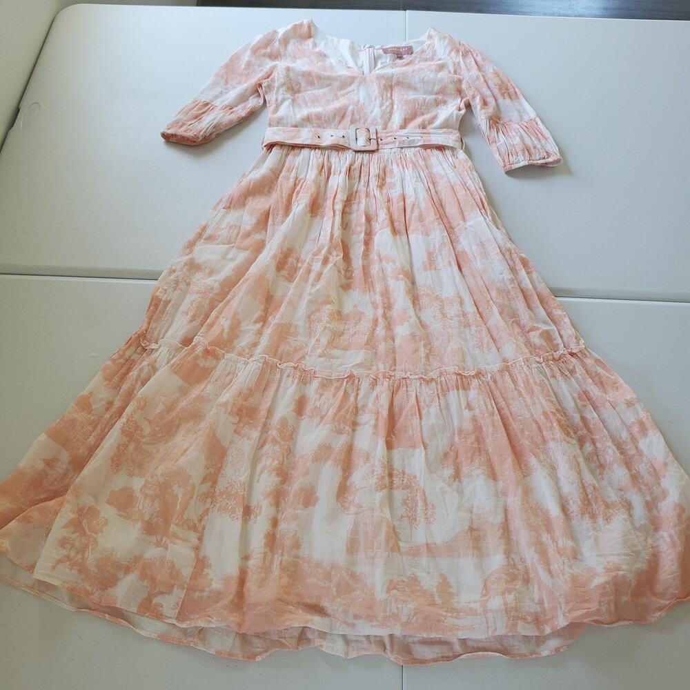 JESSAKAE Dress Womens Small Pink White Belted Tiered Maxi V Neck Toile Print
